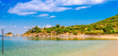 Fototapeta Naklejka Na Ścianę i Meble -  Landscape view of rocks and blue water near Kavala, Greece, Europe