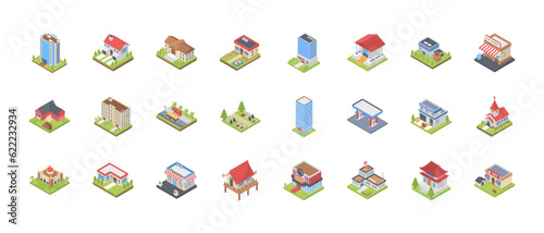 set of building icons, such as city, apartment, condominium, town
