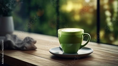 Matcha and tea in coffee shop, cafe and restaurant for weekend, break and rest with winter hot drink, cup and mug with warm liquid, generative ai