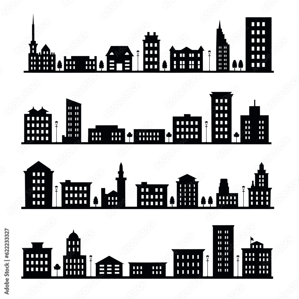 Set of modern black silhouette cityscape. Metropolis architecture panoramic landscape. Apartment buildings minimalistic isolated. Vector stock