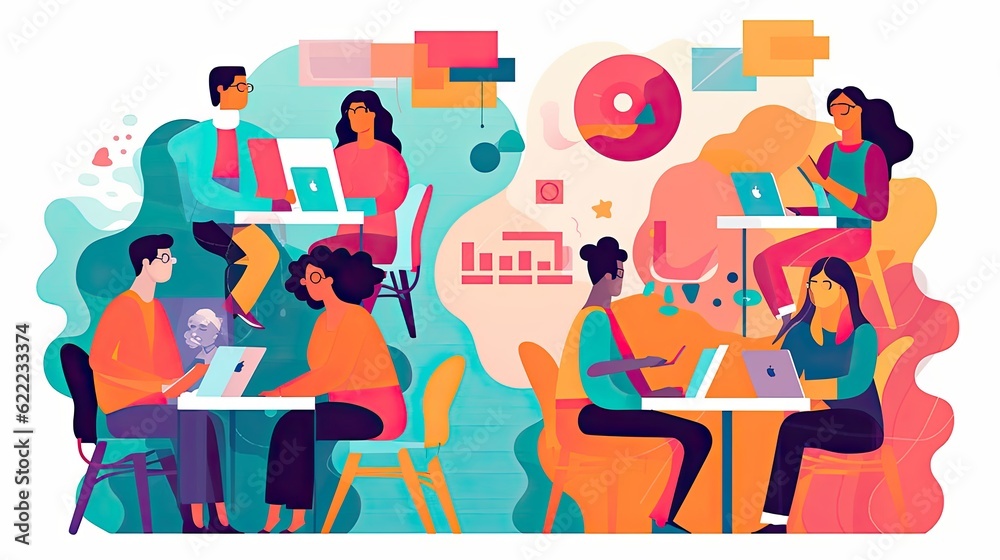Students in a virtual class flat illustration - Generative AI. Students in a virtual class flat illustration - Generative AI.