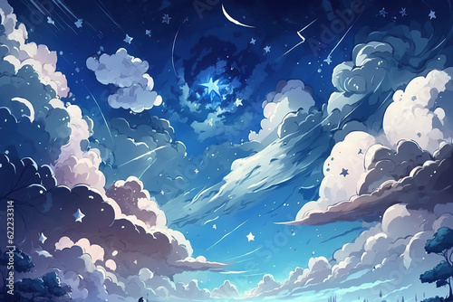 Fancy clouds background with blue summer sky and stars, Animation background, Anime style, created with Generative AI photo