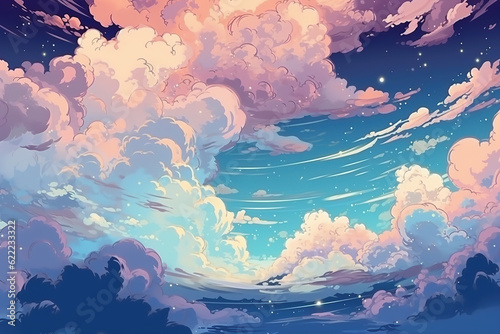 Fancy clouds background with blue summer sky and stars, Animation background, Anime style, created with Generative AI photo