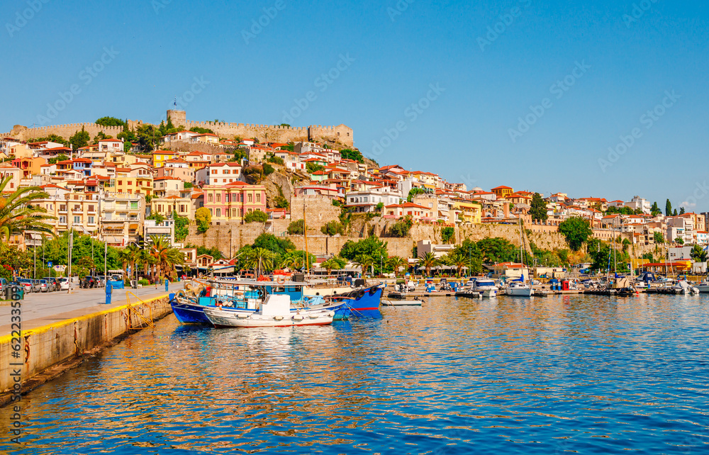 Cityscape and sea in Kavala city, Macedonia, Greece, Europe in summer