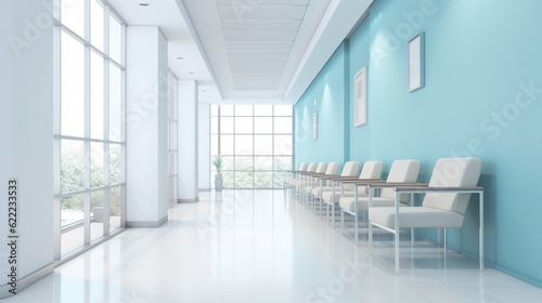 Leinwand Poster Empty modern hospital corridor, clinic hallway interior background with white chairs for patients waiting for doctor visit