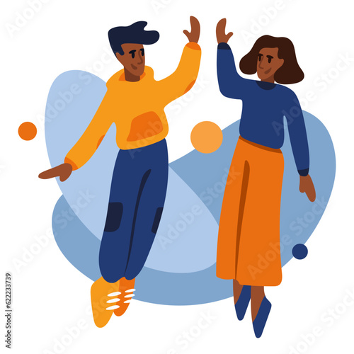 Woman and man jumping and high five outside. Pleasant leisure. Have fun and jumping together. Meeting with friend. Friendship and relationships concept. Flat vector illustration in cartoon style