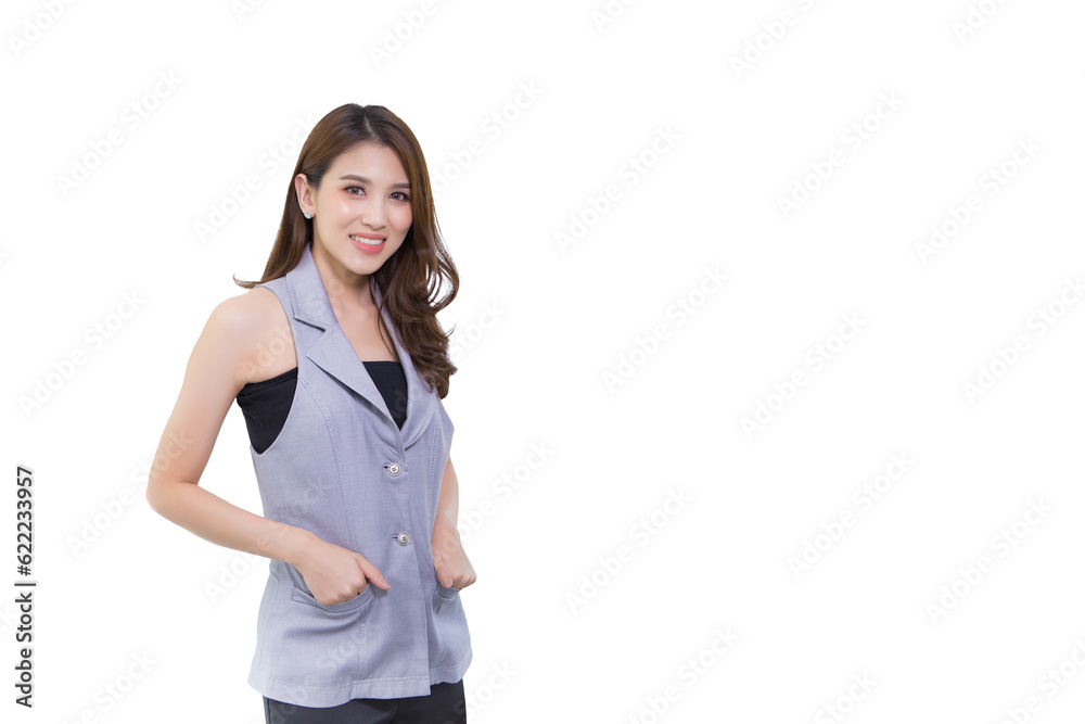 Professional young Asian woman office worker in gray shirt is smiling, working confidently and happily while isolated on white background. Work from home. Professional young Asian woman office worker in gray shirt is smiling, working confidently and happily while isolated on white background. Work from home.
