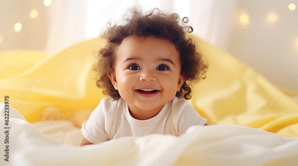 Happy healthy playful little cute adorable baby girl lying on comfortable bed or crib soft sheet. Smiling small sweet funny mixed race infant child laughing at home. Close up view, generative ai Happy healthy playful little cute adorable baby girl lying on comfortable bed or crib soft sheet. Smiling small sweet funny mixed race infant child laughing at home. Close up view, generative ai