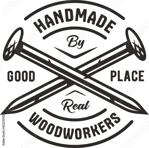 Metal nails for workshop and woodwork. Emblem or logo for joiner, handyman or handmade.