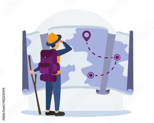 Male traveling, looking at map with tourist path. Travel and tourism concept. Concept of active recreation. Flat vector illustration in blue and purple colors