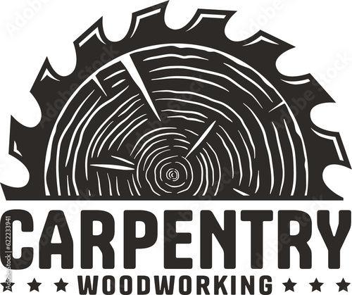 Wood carpentry logo. Saws for slice of tree. Wooden stump and saw.