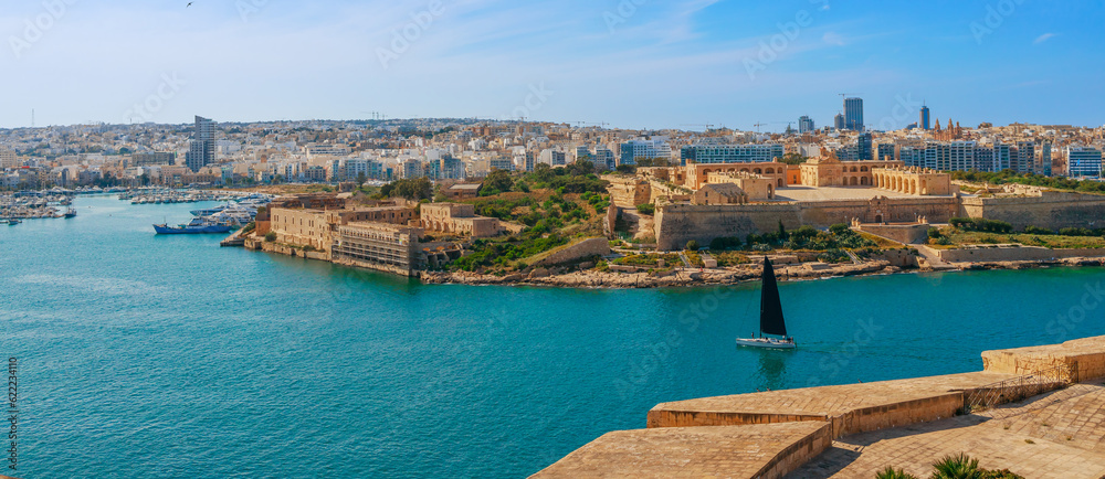 Valletta, Malta island, Europe. Fort Manoel, new city and Mediterranean sea