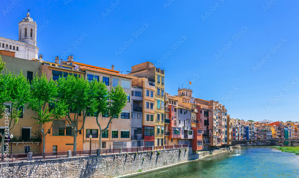 View of old town Girona, Catalonia, Spain, Europe. Summer travel