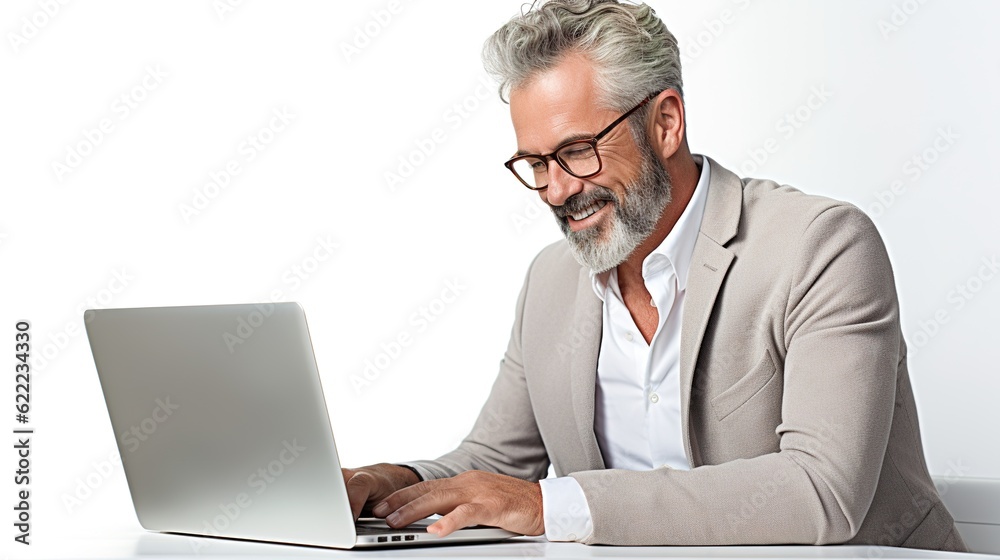 businessman working on laptop in a white studio businessman working on laptop in a white studio