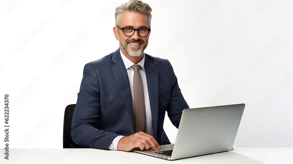 businessman working on laptop in a white studio businessman working on laptop in a white studio