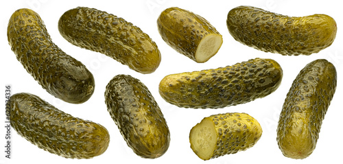 Canvas-taulu Marinated cucumbers, pickled gherkins isolated on white background