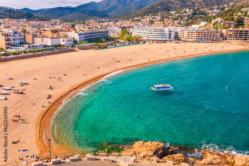 Beach and cityscape in Tossa de Mar in Catalonia, Spain, Europe