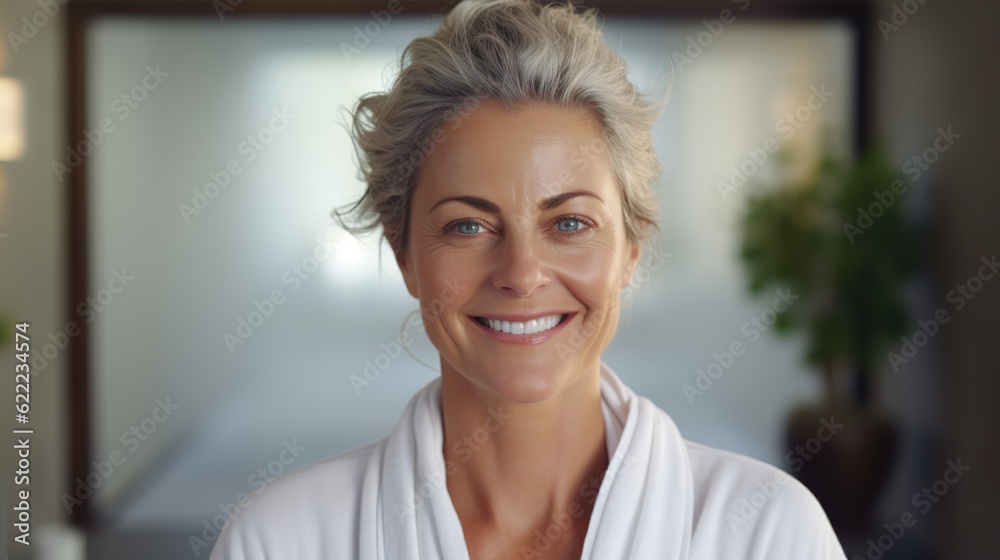 middle-aged woman smiles at the camera. Skin care concept