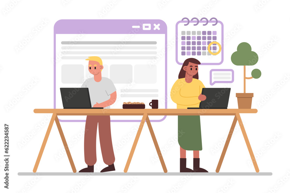 Woman and man standing near table and working on laptops. Time management and work organize. Concept of successful growing company and develop. Vector flat illustration in cartoon style