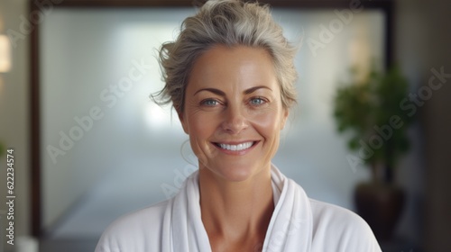 middle-aged woman smiles at the camera. Skin care concept photo