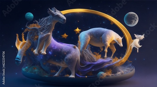 a celestial galaxy with magnificent animal figures floating in space
