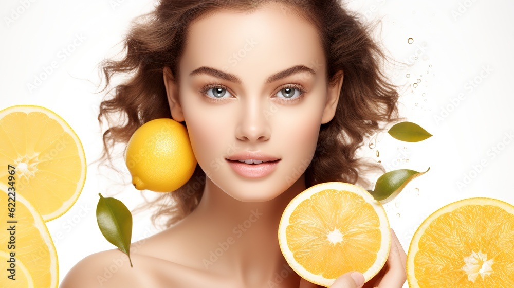 natural beauty and woman portrait with vitamin c for facial and dermatology treatment. Skincare, face glow and female person with wellness, generative ai natural beauty and woman portrait with vitamin c for facial and dermatology treatment. Skincare, face glow and female person with wellness, generative ai