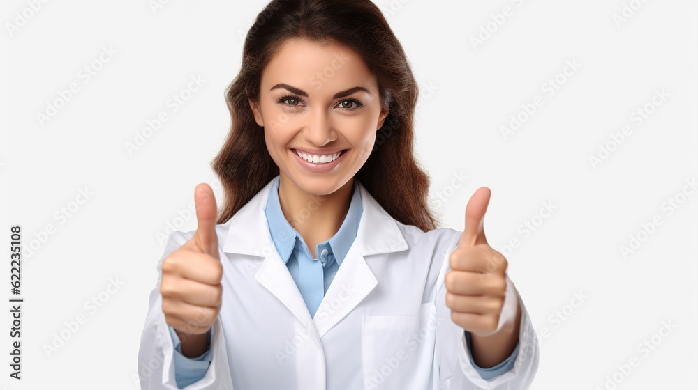 female doctor showing thumbs up looking at camera isolated on white backgroun female doctor showing thumbs up looking at camera isolated on white backgroun