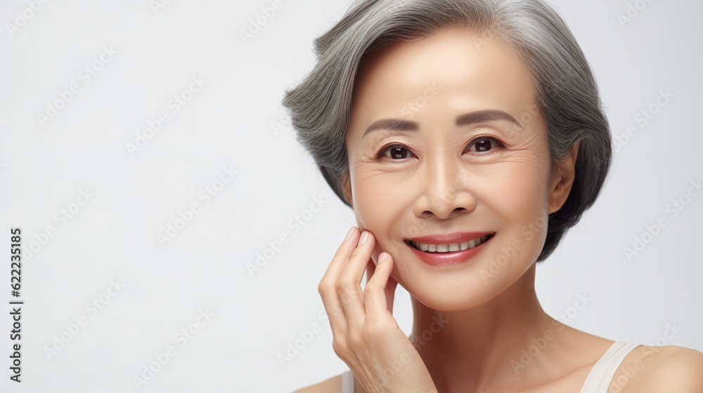 Portrait of gorgeous happy middle aged mature asian woman, senior older 50 year lady looking at camera touching her face isolated on white. Ads of lifting anti wrinkle skin care, spa, generative ai Portrait of gorgeous happy middle aged mature asian woman, senior older 50 year lady looking at camera touching her face isolated on white. Ads of lifting anti wrinkle skin care, spa, generative ai
