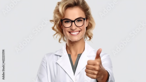 Female doctor gives a thumbs up to the camera. isolated on white background