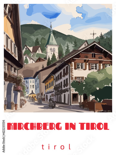 Kirchberg in Tirol: Retro tourism poster with a Austrian landscape and the headline Kirchberg in Tirol / Tirol