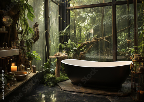 jungle style bathroom interior  , lush vegetation and bathtube