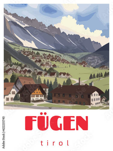 Fügen: Retro tourism poster with a Austrian landscape and the headline Fügen / Tirol