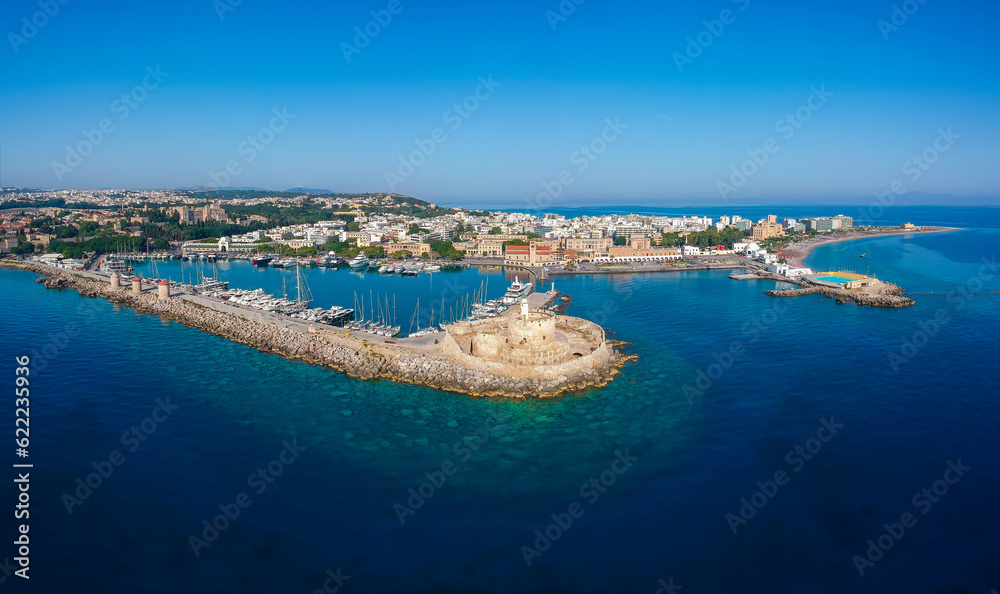 Panorama of city port, sea and fort on Rhodes island, Greece, Europe