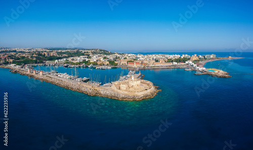 Fototapeta Naklejka Na Ścianę i Meble -  Panorama of city port, sea and fort on Rhodes island, Greece, Europe