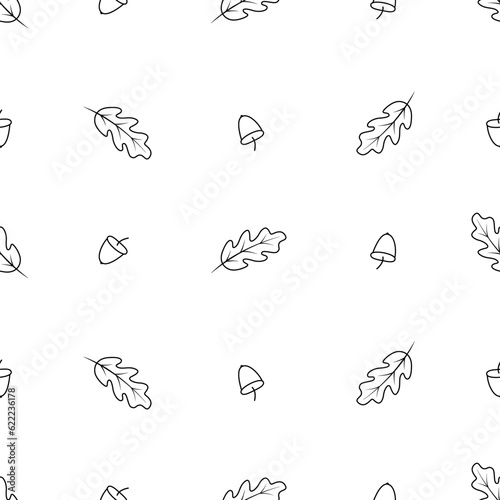 Autumn seamless pattern, oak leaves and acorns fall, vector background illustration.