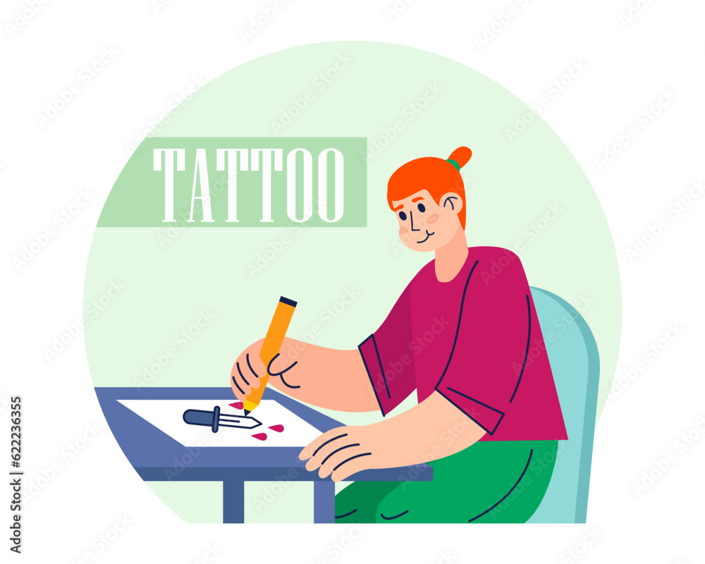 Young female sitting at table, holding pencil and drawing sketches. Concept of tattoo lovers. Worker preparing art examples for clients. Flat vector illustration in cartoon style Young female sitting at table, holding pencil and drawing sketches. Concept of tattoo lovers. Worker preparing art examples for clients. Flat vector illustration in cartoon style