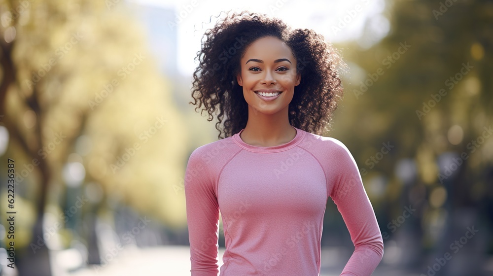 Young adult confident beautiful happy fit sporty slim active black African ethnic woman model wearing sportswear top standing in city park outdoors looking at camera. Close up portrait, generative ai Young adult confident beautiful happy fit sporty slim active black African ethnic woman model wearing sportswear top standing in city park outdoors looking at camera. Close up portrait, generative ai