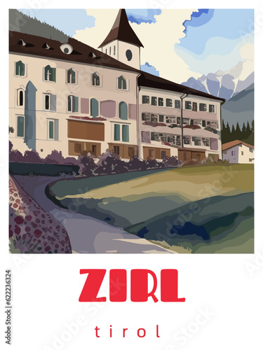 Zirl: Retro tourism poster with a Austrian landscape and the headline Zirl / Tirol