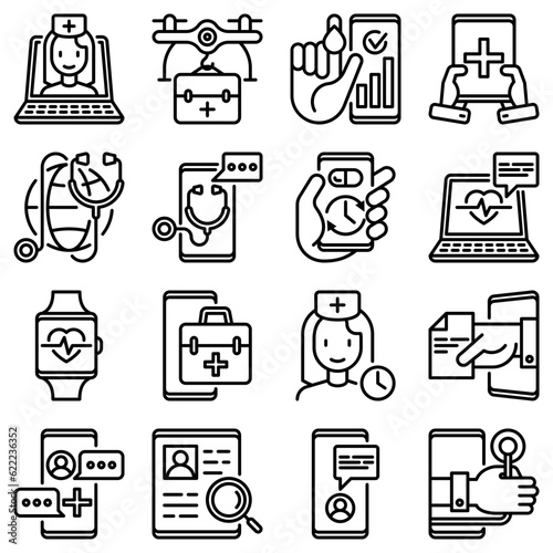 Online medicine, telemedicine thin line icons set: pill timer, ambulance online, medical drone, medical tracker, mHealth, messenger, check symptoms, mobile consultant. Modern vector illustration.