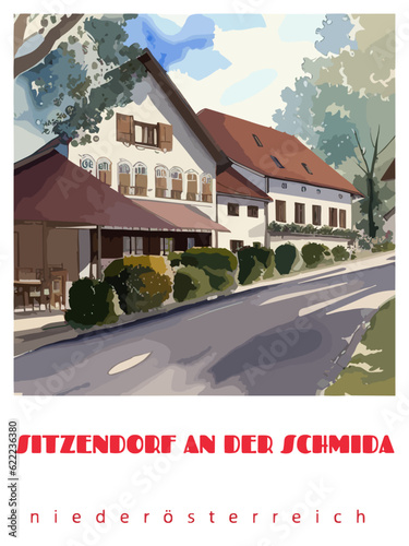 Sitzendorf an der Schmida: Retro tourism poster with a Austrian landscape and the headline Sitzendorf an der Schmida / Niederösterreich photo