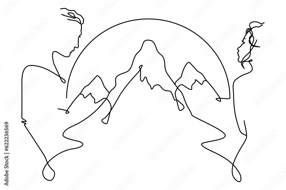 Vector one line art illustration of a silhouette of a man and woman in love and mountains on background 