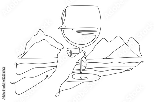 Vector One line illustration of hand holding a glass of wine with mountains and sea in minimalisme style on white background