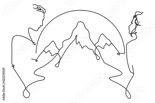 Vector one line art illustration of a silhouette of a man and woman in love and mountains on background 