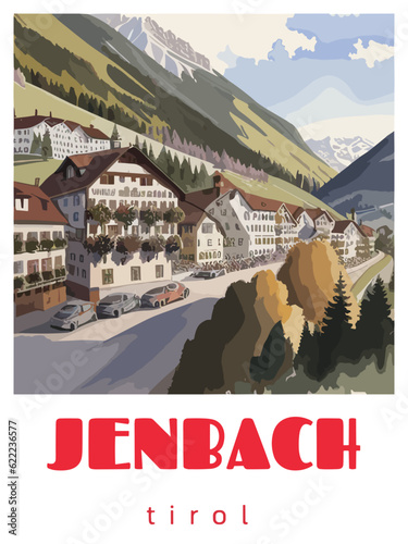 Jenbach: Retro tourism poster with a Austrian landscape and the headline Jenbach / Tirol