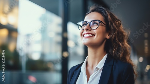Young happy cheerful professional business woman, happy laughing female office worker wearing glasses looking away at copy space advertising job opportunities or good business services, generative ai