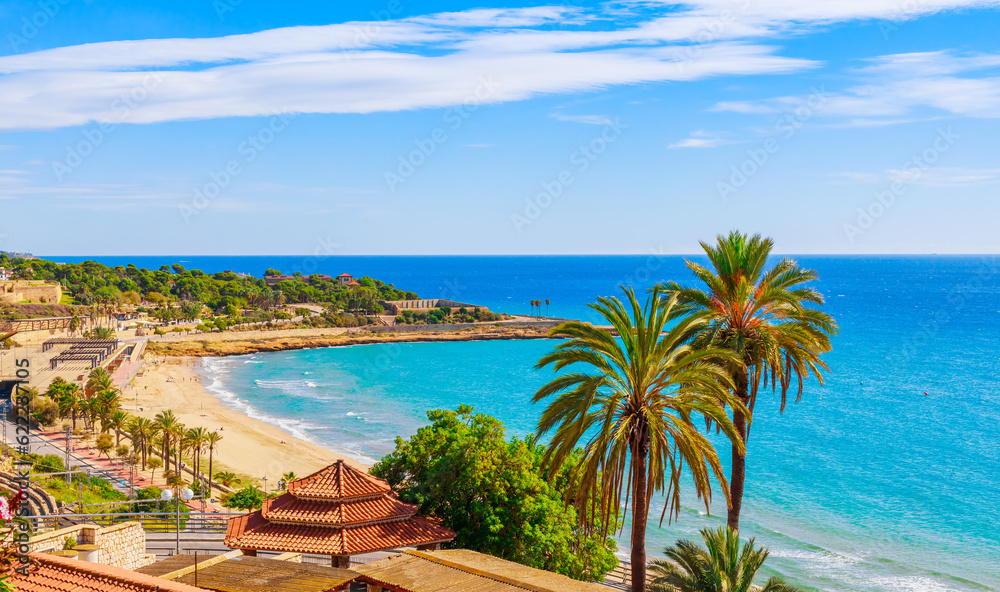 Sea view in Catalan city Tarragona, Spain, Europe. Beach and blue water