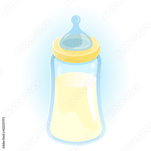 Baby bottle with milk, cartoon blue silicone soother motherhood vector illustration