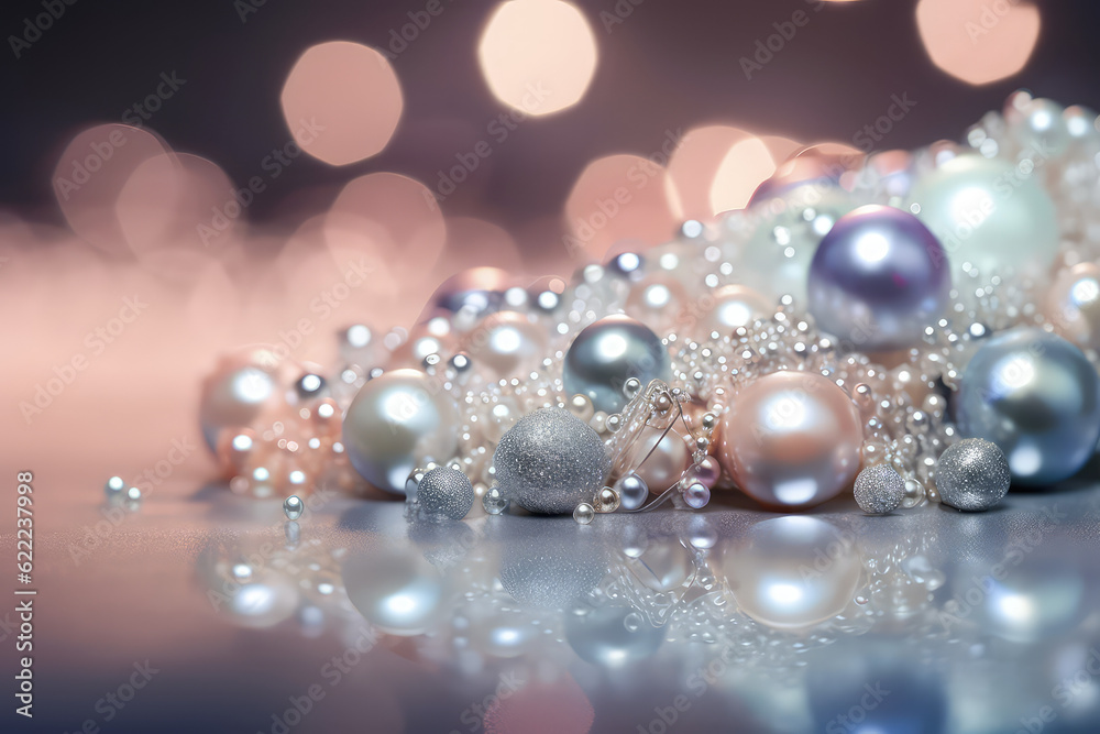 Still with colored pearls round precious in front of shining background with reflections on ground. Abstract lighting Bokeh defocused background from cristal light fixture, copy space. Generative AI.