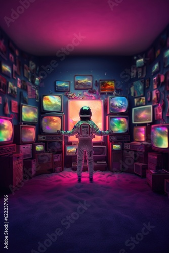 An astronaut in front of TVs