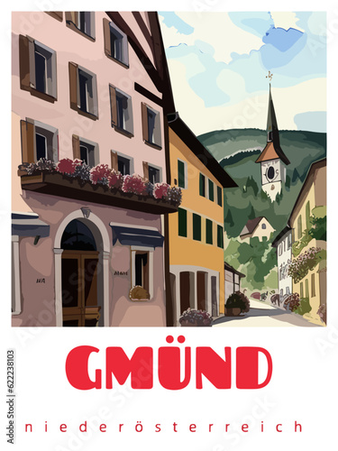 Gmünd: Retro tourism poster with a Austrian landscape and the headline Gmünd / Niederösterreich